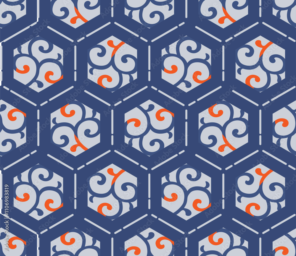 Japanese Curl Vine Hexagon Vector Seamless Pattern Japanese Curl Vine Hexagon Vector Seamless Pattern