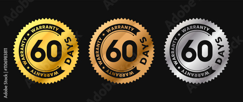 60 Days warranty icon in gold circle with circular text. Sixty months warranty label in gold, bronze, silver colors. Vector illustration