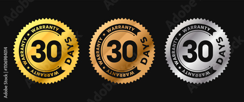 30 Days warranty icon in gold circle with circular text. Thirty months warranty label in gold, bronze, silver colors. Vector illustration