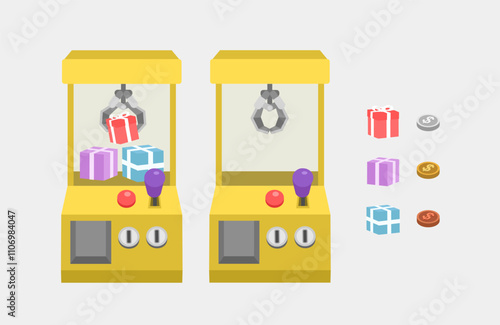Claw crane grabber machines flat icons set. Machine for catch toys. Entertainment services.