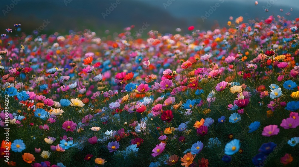 Expansive field of blooming pink and white cosmos flowers under a clear blue sky in peaceful countryside Expansive field of blooming pink and white cosmos flowers under a clear blue sky in peaceful countryside