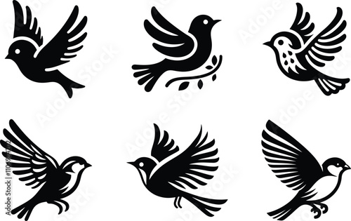Birds silhouette vector set illustration, flying bird black collection
