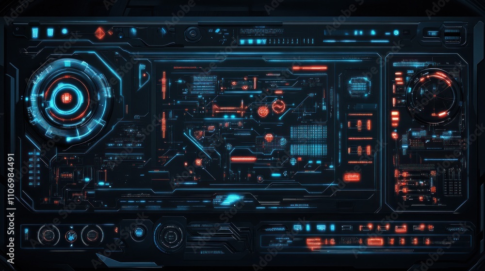 Futuristic HUD interface with glowing blue and red digital elements. Futuristic HUD interface with glowing blue and red digital elements.