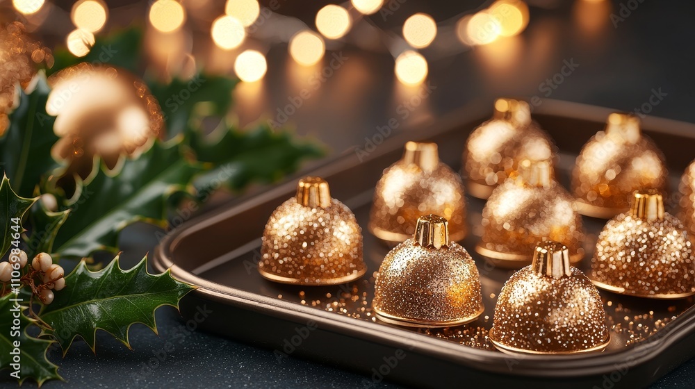 A tray of golden bell-shaped cookies, shimmering with metallic gold icing, surrounded by holly leaves, soft festive lights in the background A tray of golden bell-shaped cookies, shimmering with metallic gold icing, surrounded by holly leaves, soft festive lights in the background