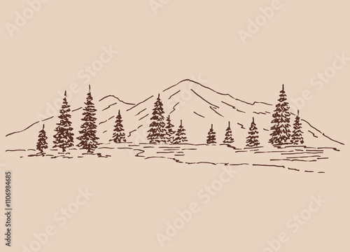 Landscape with mountains and forest. Hand drawn illustration converted to vector.