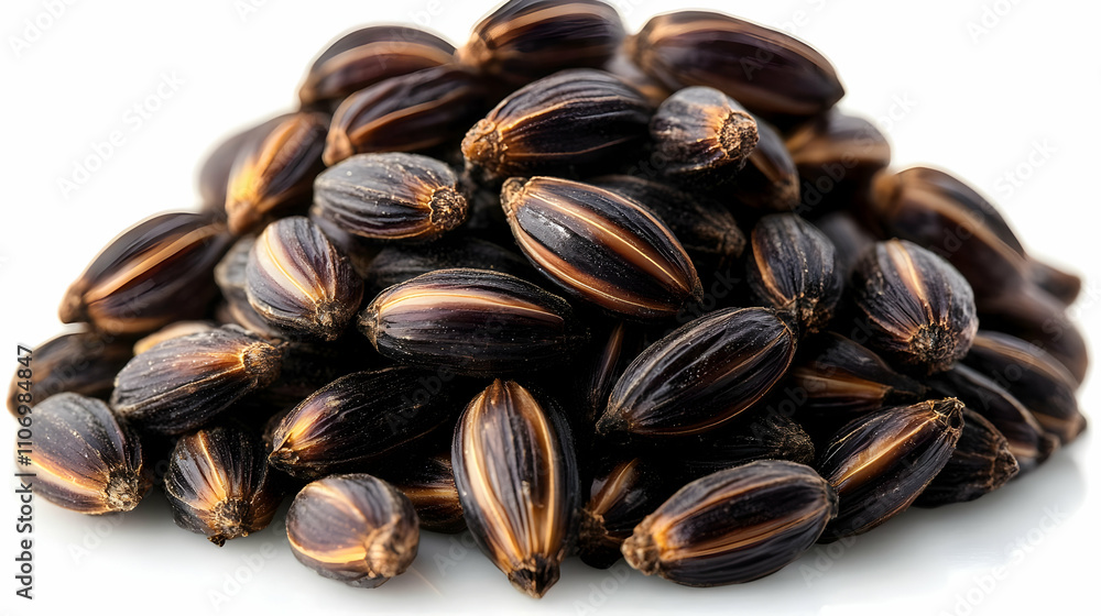 Black Rice Grains: Close-Up View of Dark Brown Rice Kernels, Nutrient-Rich Food Source Black Rice Grains: Close-Up View of Dark Brown Rice Kernels, Nutrient-Rich Food Source