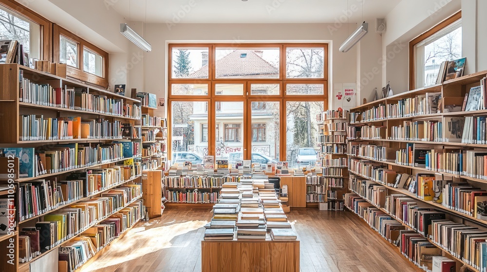 A bright library interior with shelves of books and large windows for natural light. A bright library interior with shelves of books and large windows for natural light.