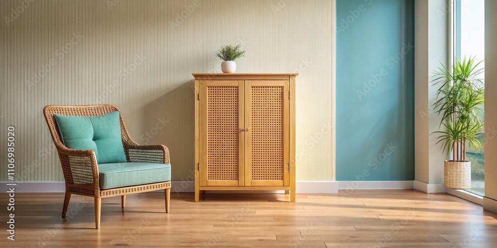 Lightly Colored Wicker Pattern Cabinet in an Empty Room Beside Door and Chair - A Panoramic View of Modern Interior Design Lightly Colored Wicker Pattern Cabinet in an Empty Room Beside Door and Chair - A Panoramic View of Modern Interior Design