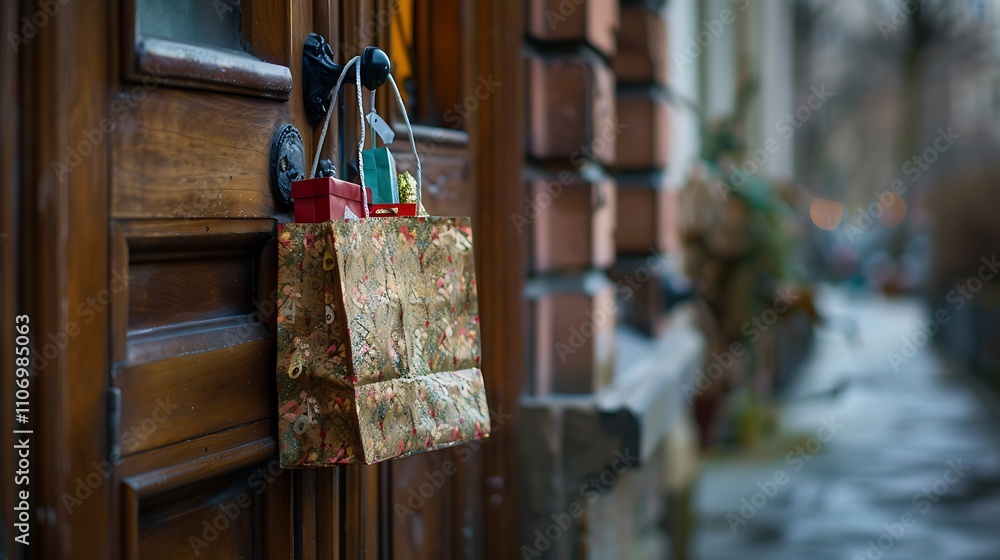 Locked and Loaded: Mini shopping bag hanging from a closed door's lock handle, with a few packages