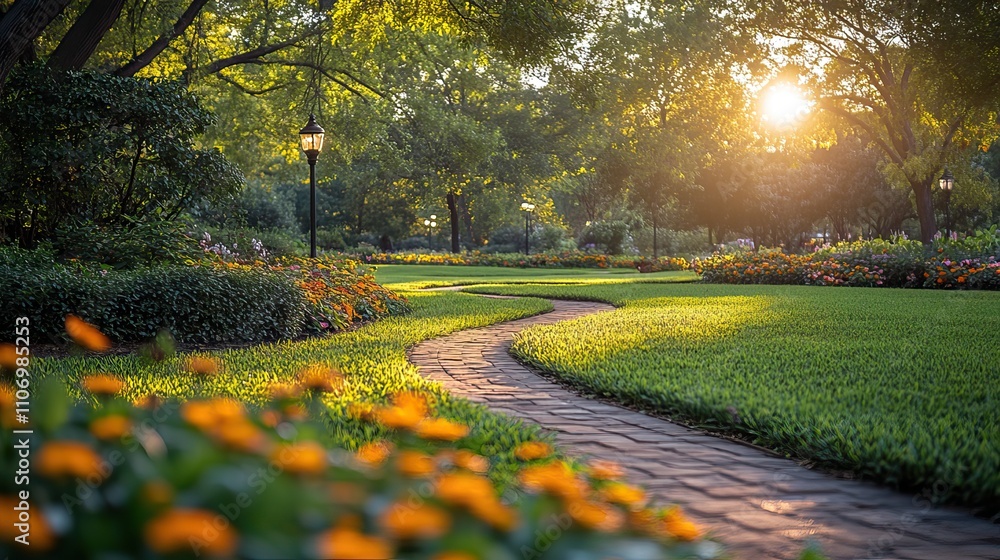 Naklejka premium A green park with winding paths, street lights, and flowers
