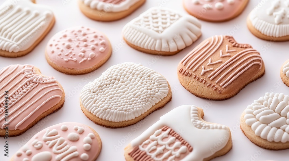 A variety of ugly sweater cookies, close-up view of playful icing designs with festive holiday colors, detailed textures on each cookie A variety of ugly sweater cookies, close-up view of playful icing designs with festive holiday colors, detailed textures on each cookie