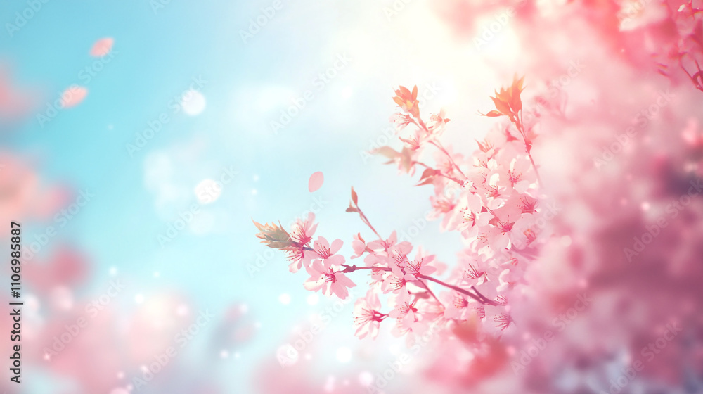 Cherry blossoms bloom in a serene spring atmosphere with a soft blue sky Cherry blossoms bloom in a serene spring atmosphere with a soft blue sky