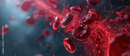 Wallpaper Mural A vivid depiction of red blood cells flowing through a dark environment, highlighting their complex structure and movement in the bloodstream. Torontodigital.ca