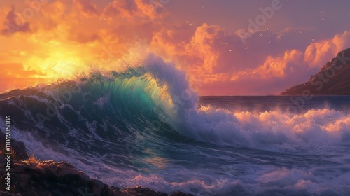 A sunset wave crashes on a rugged coast, splashing turquoise water amid vibrant skies and cliffs.