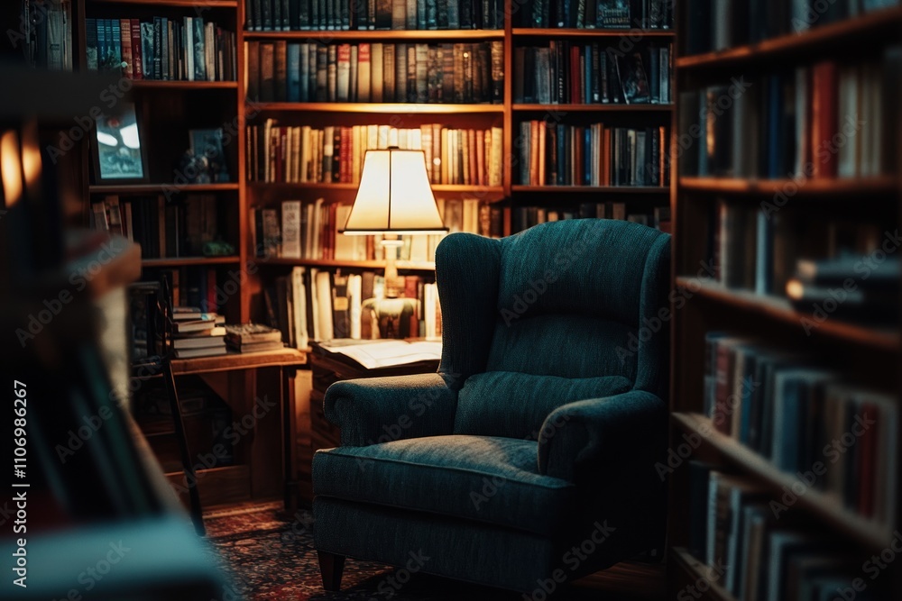 A cozy reading nook with a chair and lamp amidst a bookshelf-filled room. A cozy reading nook with a chair and lamp amidst a bookshelf-filled room.