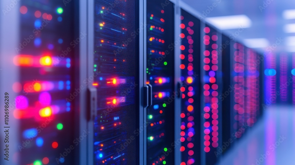 Naklejka premium Modern server room featuring illuminated data servers, showcasing technological advances in data processing and storage.