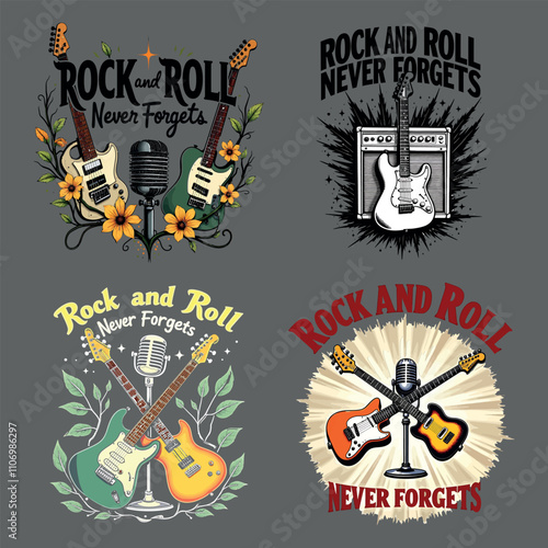 Rock and Roll Never Forgets T-Shirt Guitar & Microphone Music Design