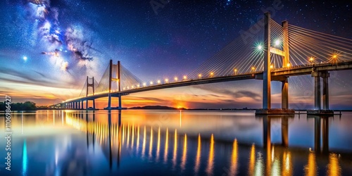 Long Exposure Capture of Dames Point Bridge Illuminated at Night Over the St. Johns River in Jacksonville, Florida, Showcasing the City Lights and Reflections on Water photo