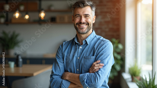 Confident Business Leader: Portrait of Smiling Man with Arms Crossed - Perfect for Startup Success Stories and Leadership Articles