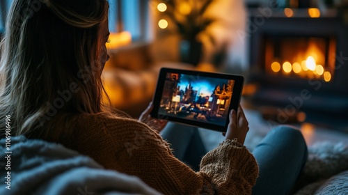 A person enjoys a cozy evening by the fireplace, using a tablet.