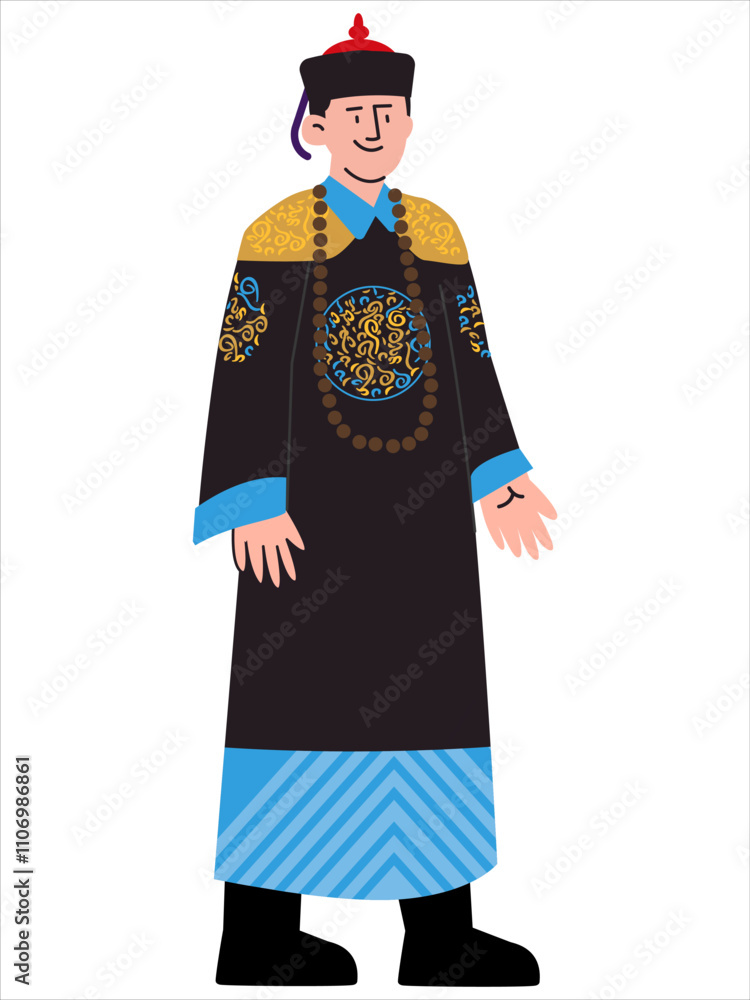 Changfu Pao Chinese traditional attire dress China tradition cultural clothes man clothing ancient heritage silk robe headdress hat design icon set colorful Changfu Pao Chinese traditional attire dress China tradition cultural clothes man clothing ancient heritage silk robe headdress hat design icon set colorful