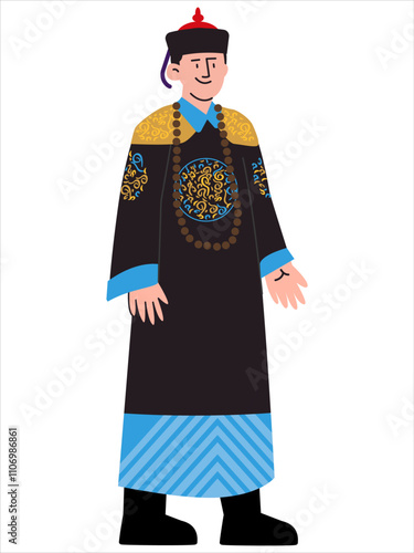 Changfu Pao Chinese traditional attire dress China tradition cultural clothes man clothing ancient heritage silk robe headdress hat design icon set colorful