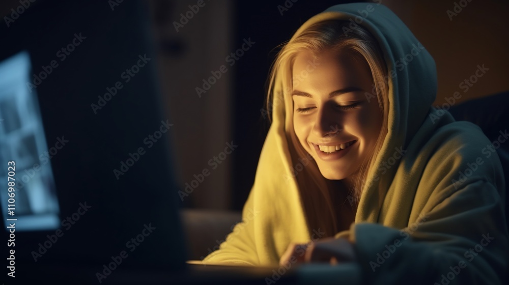 A person smiling while using a laptop, wrapped in a cozy blanket. A person smiling while using a laptop, wrapped in a cozy blanket.