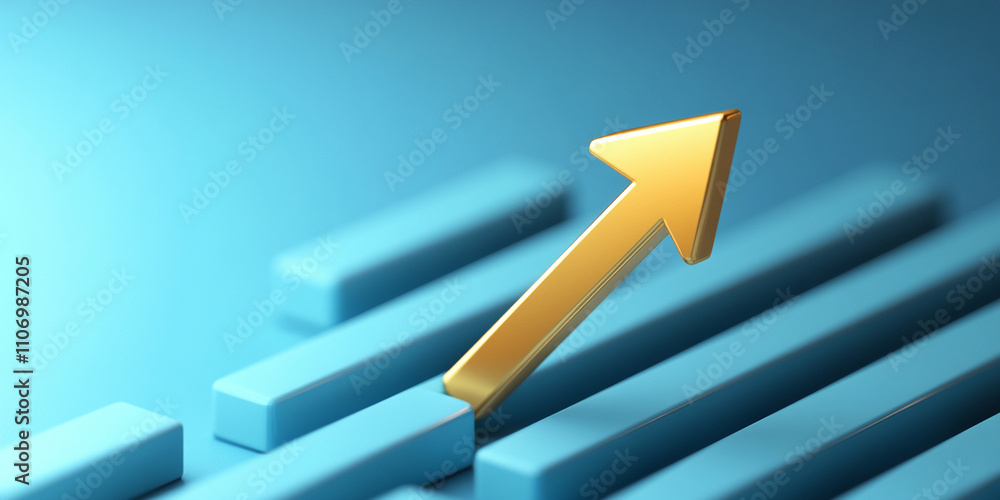 bright golden arrow ascending on blue bars symbolizes growth and success. This 3D illustration captures essence of progress and achievement in visually appealing way bright golden arrow ascending on blue bars symbolizes growth and success. This 3D illustration captures essence of progress and achievement in visually appealing way