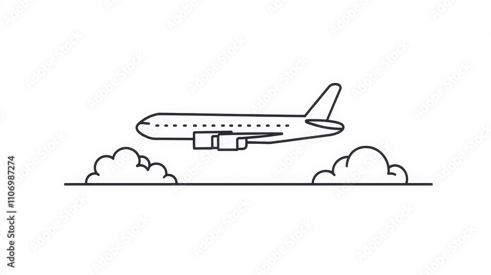 Minimalist Outline of Airplane Flying Above Clouds in White Background Minimalist Outline of Airplane Flying Above Clouds in White Background