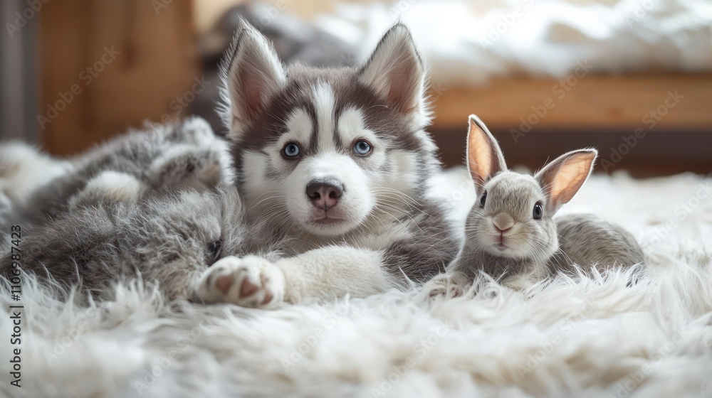 Fototapeta premium Husky Puppy, Rabbit, and White Furry Blanket