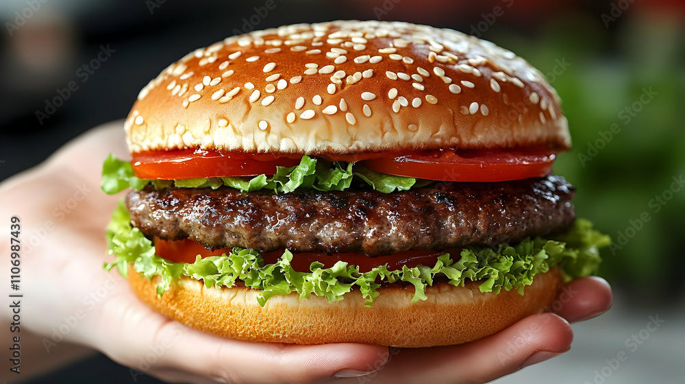 Juicy Beef Burger: Sesame Bun, Lettuce, Tomato Juicy Beef Burger: Sesame Bun, Lettuce, Tomato