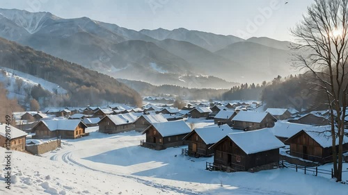 Scenic Village in Snowy Valley with Mountain Backdrop and Sunlight.Seamless looping video background  photo