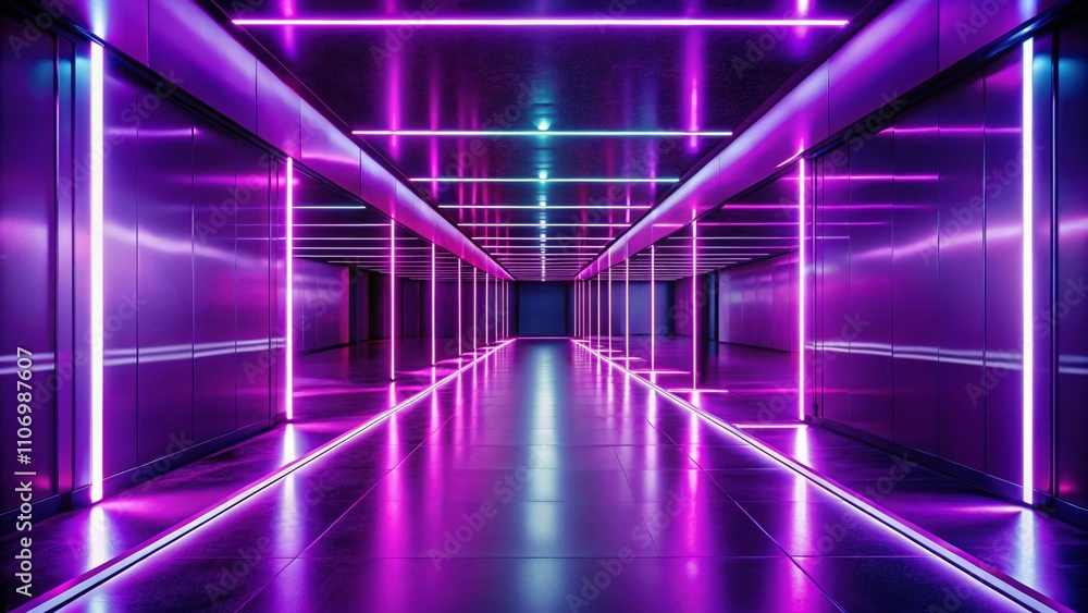 Fototapeta premium Long Exposure of an Empty Corridor Bathed in Purple Neon Lights, Evoking a Mysterious and Futuristic Atmosphere Perfect for Modern Interior Designs and Creative Projects