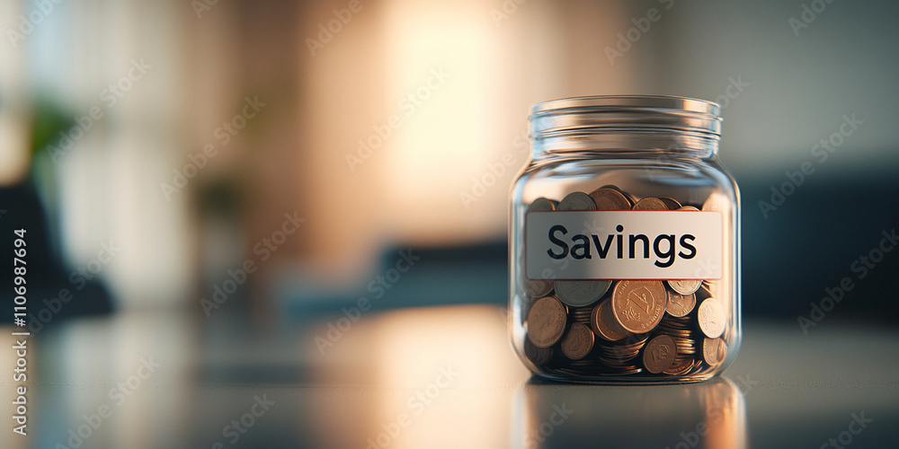 clean image of jar labeled Savings filled with coins, symbolizing financial planning and saving habits. warm lighting creates cozy atmosphere clean image of jar labeled Savings filled with coins, symbolizing financial planning and saving habits. warm lighting creates cozy atmosphere