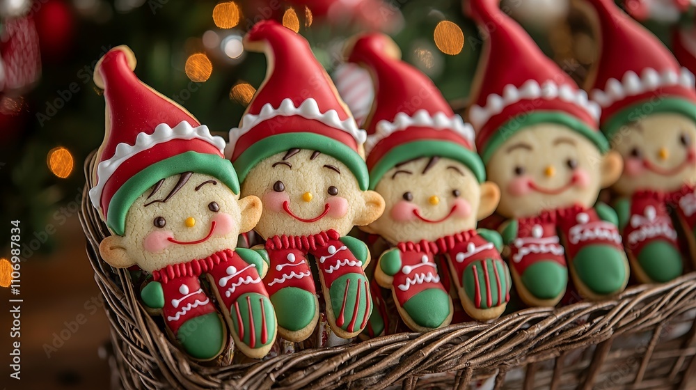 Fototapeta premium Assorted elf-shaped cookies in a basket, decorated with red and green icing, pointy hats, striped stockings, ideal for Christmas party treats, playful design