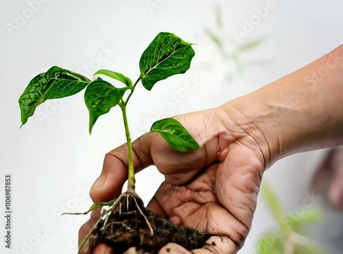 Woman's hands gently holding a young plant, symbolizing growth, nature, and care