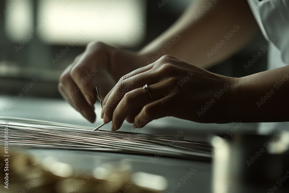 A person's hands delicately working with thin materials, likely in a culinary or craft context. A person's hands delicately working with thin materials, likely in a culinary or craft context.