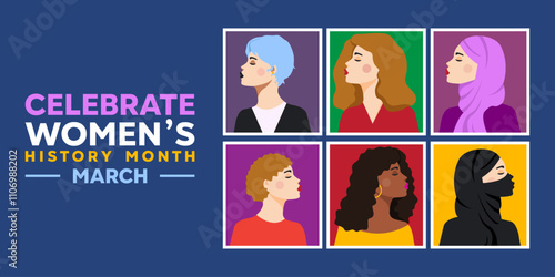 March Is Celebrate Womens History Month. Six Womens. Great for cards, banners, posters, social media and more. Blue background.