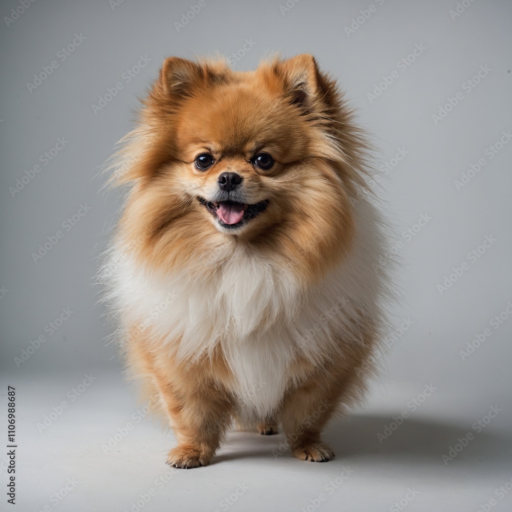 A fluffy Pomeranian with its tail wagging, surrounded by a white backdrop.
A fluffy Pomeranian with its tail wagging, surrounded by a white backdrop.