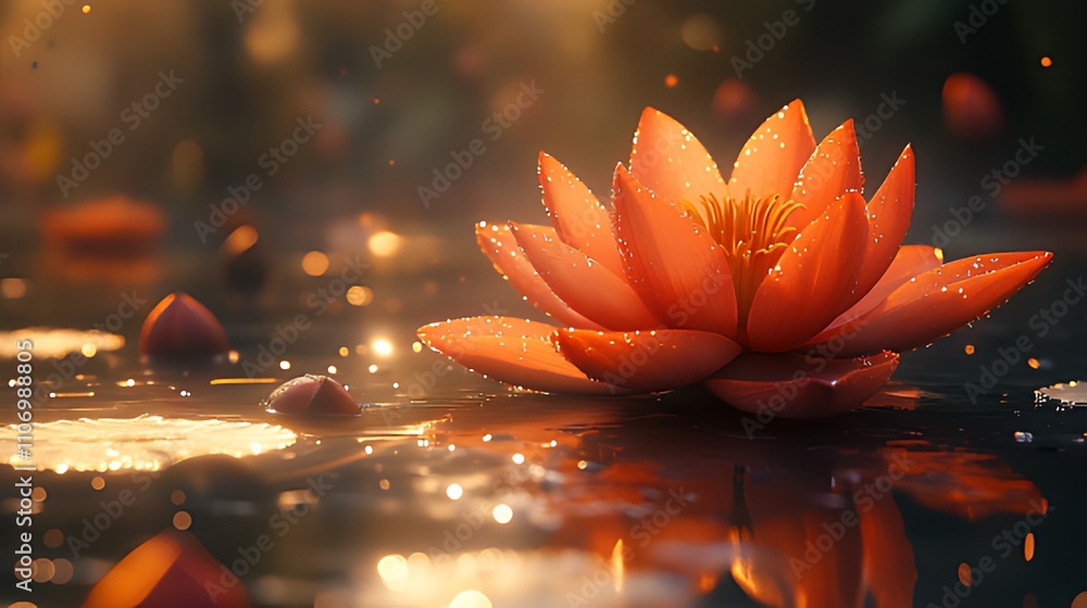 A single orange water lily blossom floats on a still pond with morning sunlight and dew drops.