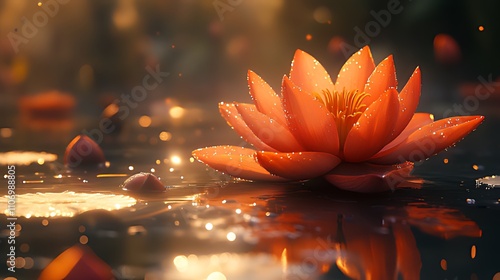 Obraz na płótnie A single orange water lily blossom floats on a still pond with morning sunlight and dew drops. w salonie