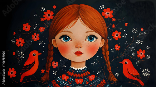 Redhead Girl, Birds, Flower...