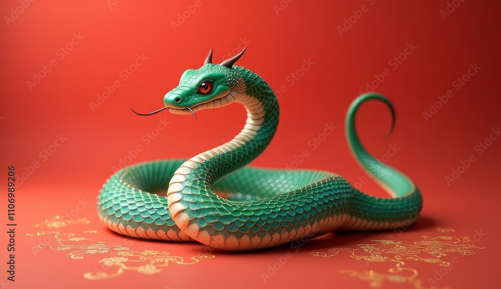 Green Dragon Snake Coiled On Red Background Green Dragon Snake Coiled On Red Background