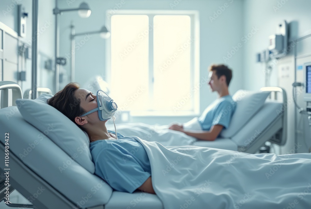 Hospital Room Woman Sleeping With Oxygen Mask Hospital Room Woman Sleeping With Oxygen Mask