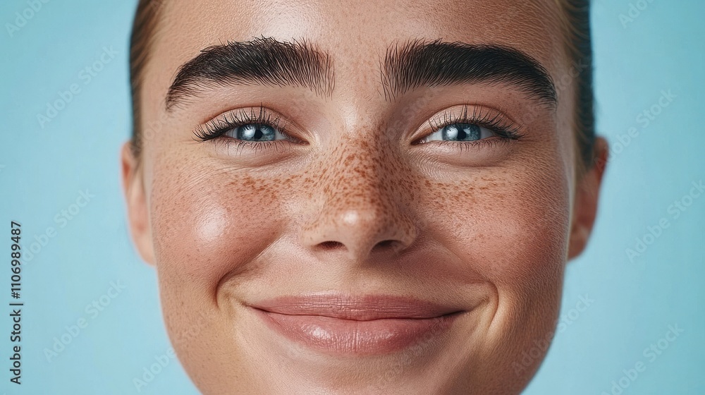 Closeup Portrait Of A Woman With Freckles And Blue Eyes Closeup Portrait Of A Woman With Freckles And Blue Eyes