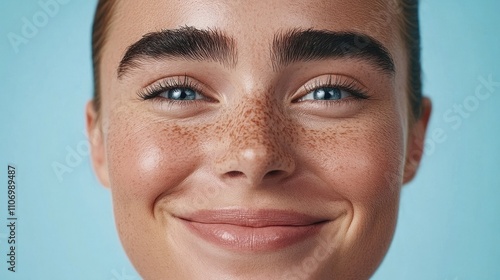 Closeup Portrait Of A Woman With Freckles And Blue Eyes