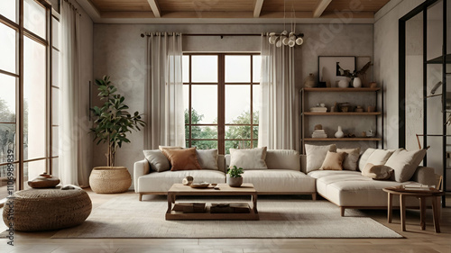 Japandi Minimalism  Elegant Modern Living Room with White Sofa   minimalist design  Japandi style  modern living room  large white sofa  cozy cushions  wooden furniture  natural light  