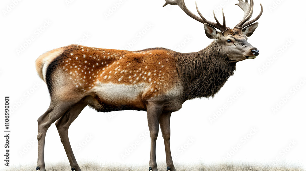 Obraz premium Majestic Deer Stands in Grassland, Antlers Raised High
