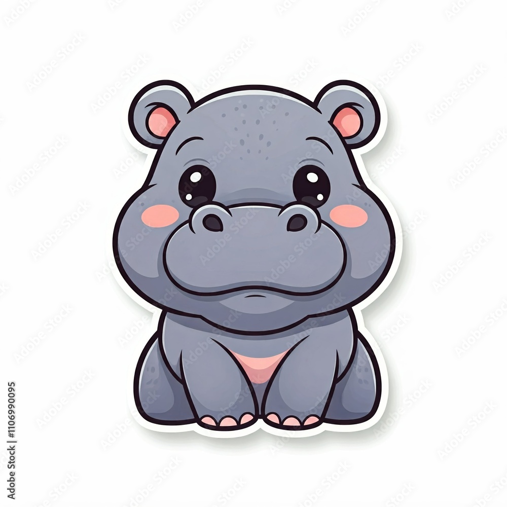 Naklejka premium chibi hippo The hippo has an adorable, chubby face with large eyes, outlined like stickers on a pure white background.