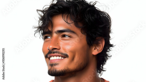 Man Smiles, Gazing Upward, ...
